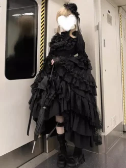 Gothic Lolita Skirt Ruffles Black White Skirt With Cummerbund