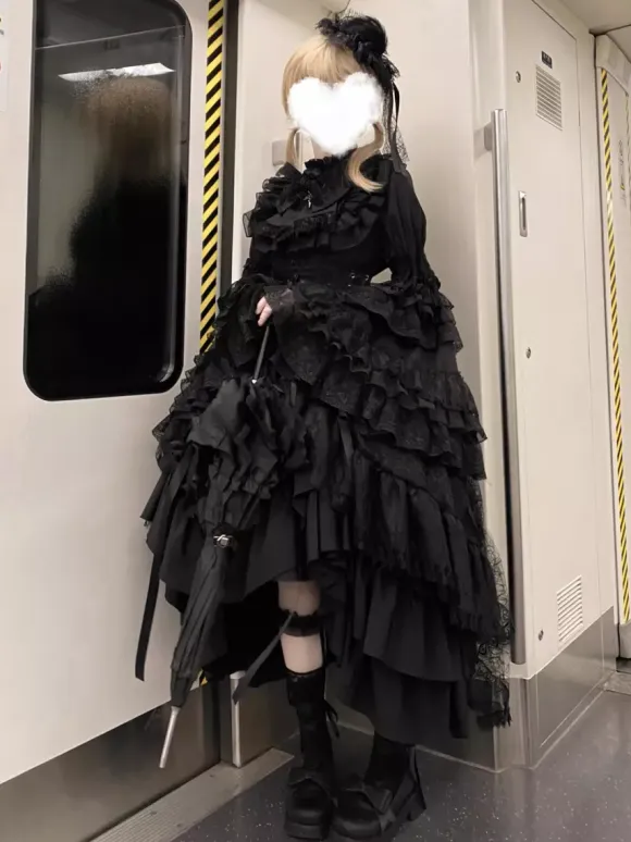 Gothic Lolita Skirt Ruffles Black White Skirt With Cummerbund