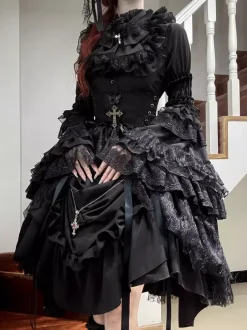 Gothic Lolita Skirt Ruffles Black White Skirt With Cummerbund