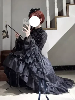 Gothic Lolita Skirt Ruffles Black White Skirt With Cummerbund