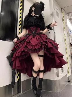 Gothic Lolita Skrit Dresses Corset Waist Design Red Ruffles Lolita Skirt