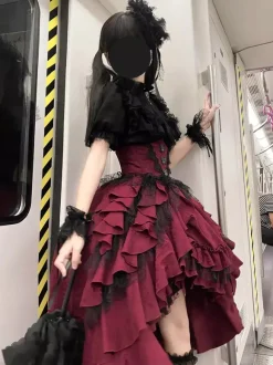 Gothic Lolita Skrit Dresses Corset Waist Design Red Ruffles Lolita Skirt