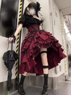 Gothic Lolita Skrit Dresses Corset Waist Design Red Ruffles Lolita Skirt