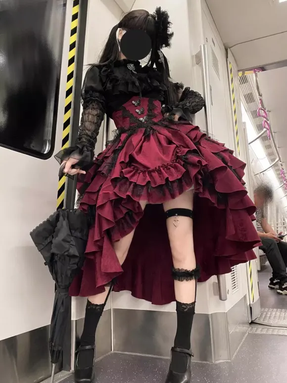 Gothic Lolita Skrit Dresses Corset Waist Design Red Ruffles Lolita Skirt