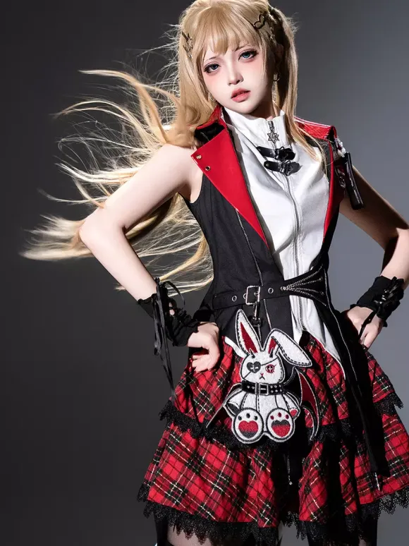 Gothic Lolita Suit Hooded Jacket And Blouse And Skirt Three-Piece Set Midnight Bunny Rock Gothic Lolita Suit