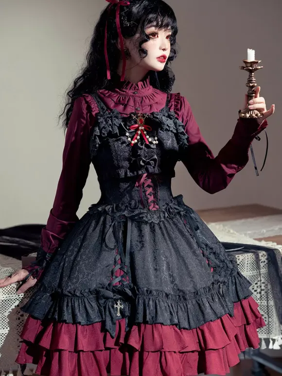 Gothic Lolita Suspender Dresses Ruffles Lace Jacquard Color Block Red black