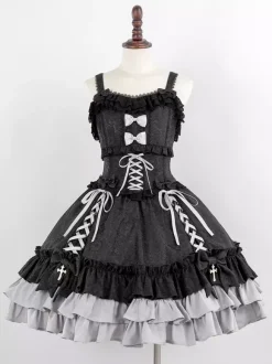 Gothic Lolita Suspender Dresses Ruffles Lace Jacquard Color Block Red black