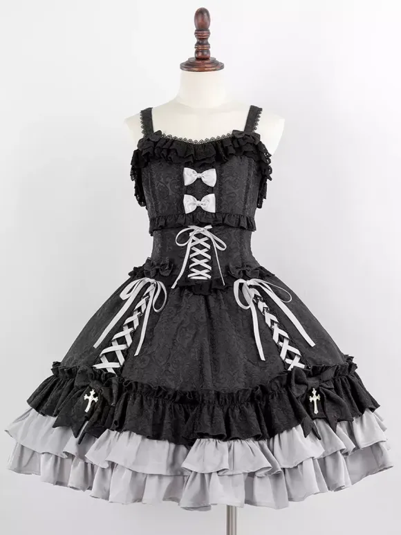 Gothic Lolita Suspender Dresses Ruffles Lace Jacquard Color Block Red black