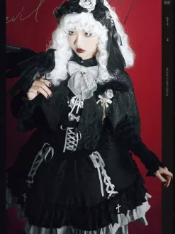 Gothic Lolita Suspender Dresses Ruffles Lace Jacquard Color Block Red black