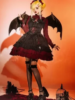 Gothic Lolita Suspender Dresses Ruffles Lace Jacquard Color Block Red black