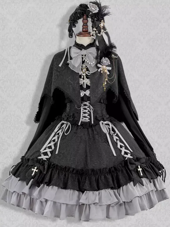 Gothic Lolita Suspender Dresses Ruffles Lace Jacquard Color Block Red black
