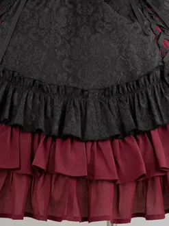 Gothic Lolita Suspender Dresses Ruffles Lace Jacquard Color Block Red black