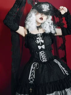 Gothic Lolita Suspender Dresses Ruffles Lace Jacquard Color Block Red black