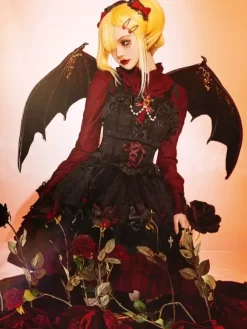 Gothic Lolita Suspender Dresses Ruffles Lace Jacquard Color Block Red black