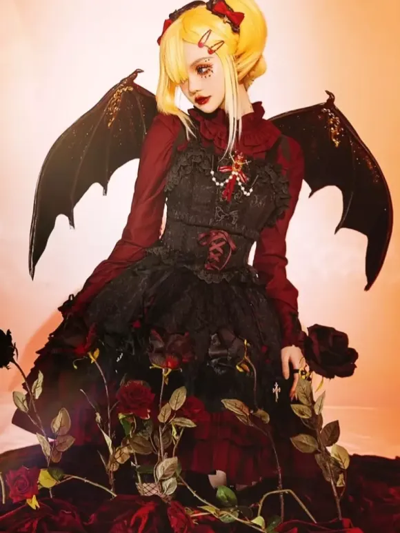 Gothic Lolita Suspender Dresses Ruffles Lace Jacquard Color Block Red black