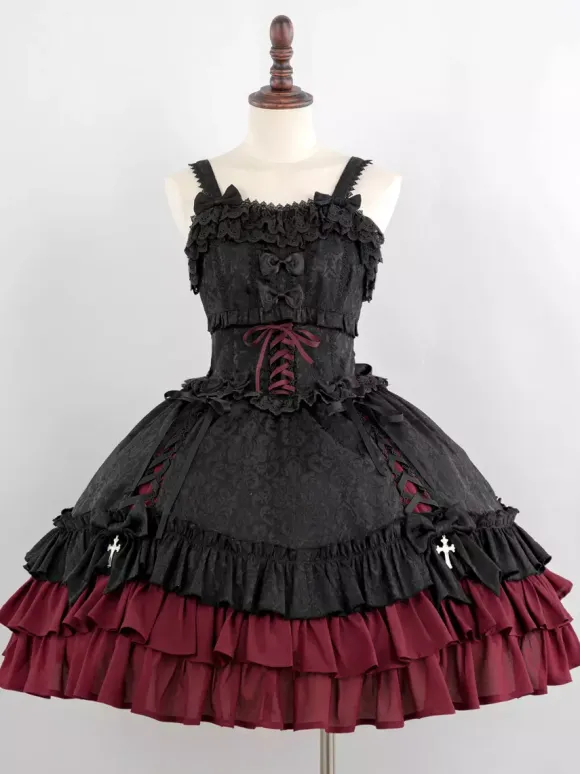 Gothic Lolita Suspender Dresses Ruffles Lace Jacquard Color Block Red black