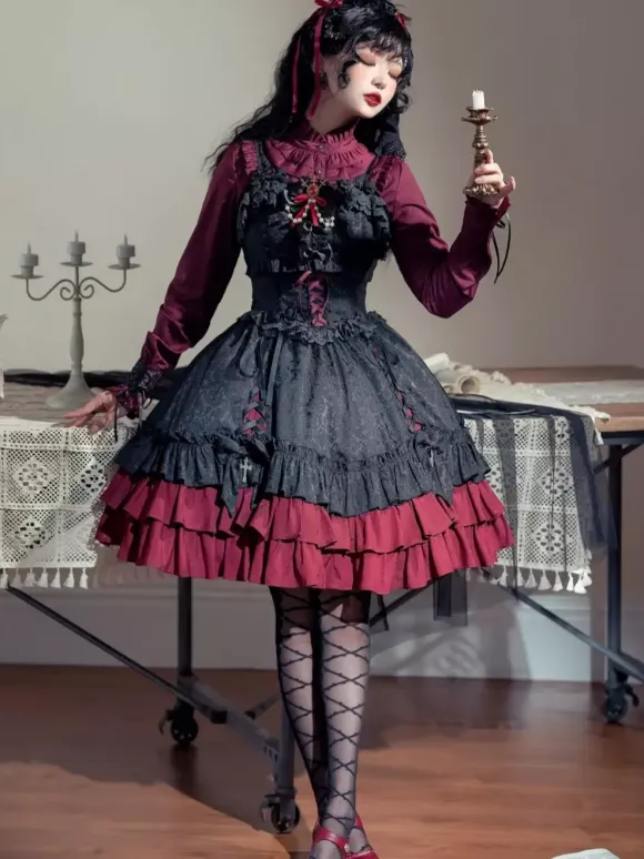 Gothic Lolita Suspender Dresses Ruffles Lace Jacquard Color Block Red black