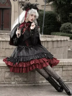 Gothic Lolita Suspender Dresses Ruffles Lace Jacquard Color Block Red black