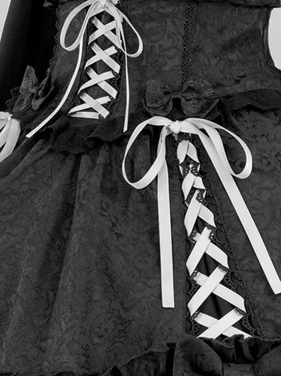 Gothic Lolita Suspender Dresses Ruffles Lace Jacquard Color Block Red black