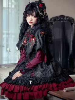 Gothic Lolita Suspender Dresses Ruffles Lace Jacquard Color Block Red black