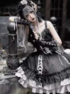Gothic Lolita Suspender Dresses Ruffles Lace Jacquard Color Block Red black