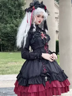 Gothic Lolita Suspender Dresses Ruffles Lace Jacquard Color Block Red black