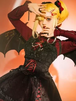 Gothic Lolita Suspender Dresses Ruffles Lace Jacquard Color Block Red black