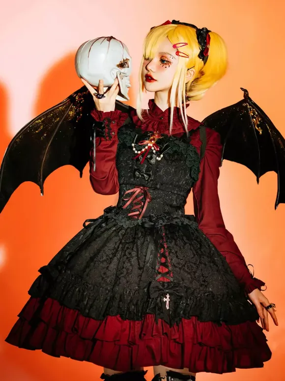 Gothic Lolita Suspender Dresses Ruffles Lace Jacquard Color Block Red black
