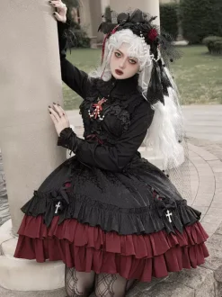 Gothic Lolita Suspender Dresses Ruffles Lace Jacquard Color Block Red black