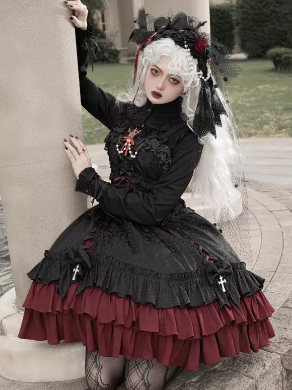 Gothic Lolita Suspender Dresses Ruffles Lace Jacquard Color Block Red black