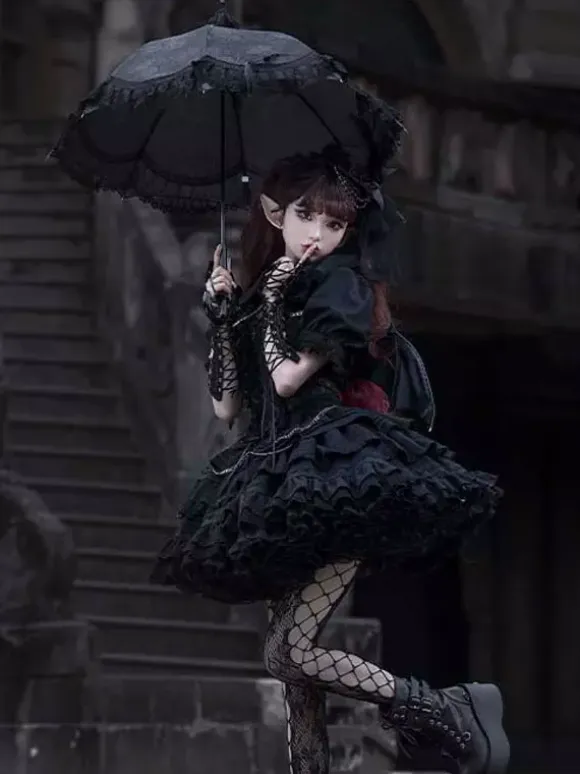 Gothic Lolita Suspender Dresses and Cover-Up tow-piece suit Lace Trim short sleeves Layered puffy short Dress