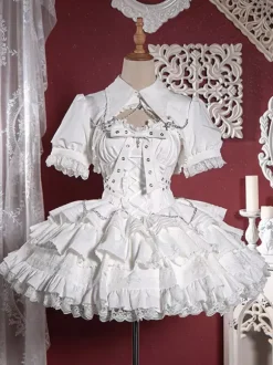 Gothic Lolita Suspender Dresses and Cover-Up tow-piece suit Lace Trim short sleeves Layered puffy short Dress