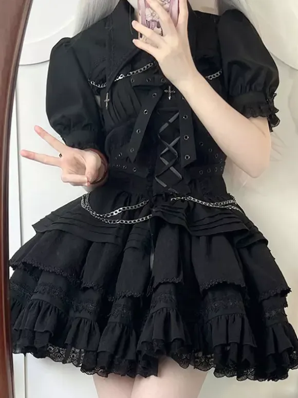Gothic Lolita Suspender Dresses and Cover-Up tow-piece suit Lace Trim short sleeves Layered puffy short Dress