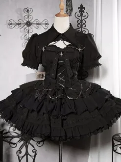 Gothic Lolita Suspender Dresses and Cover-Up tow-piece suit Lace Trim short sleeves Layered puffy short Dress