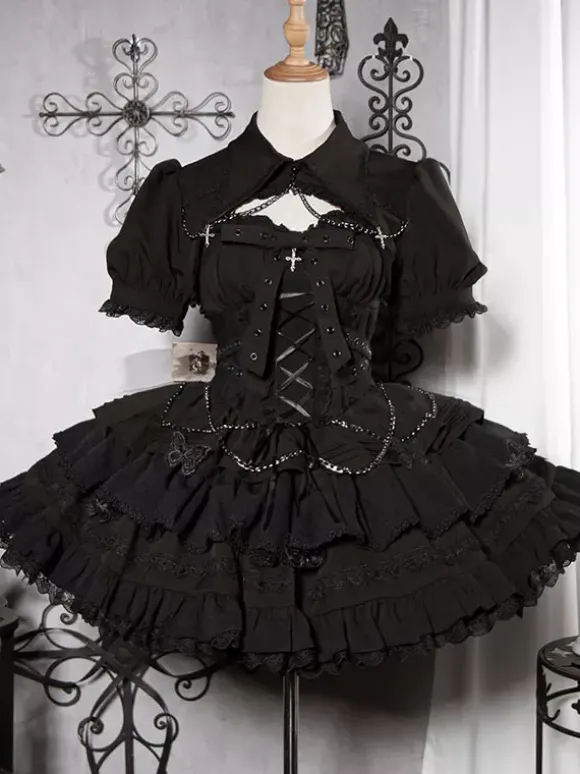 Gothic Lolita Suspender Dresses and Cover-Up tow-piece suit Lace Trim short sleeves Layered puffy short Dress