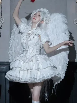 Gothic Lolita Suspender Dresses and Cover-Up tow-piece suit Lace Trim short sleeves Layered puffy short Dress