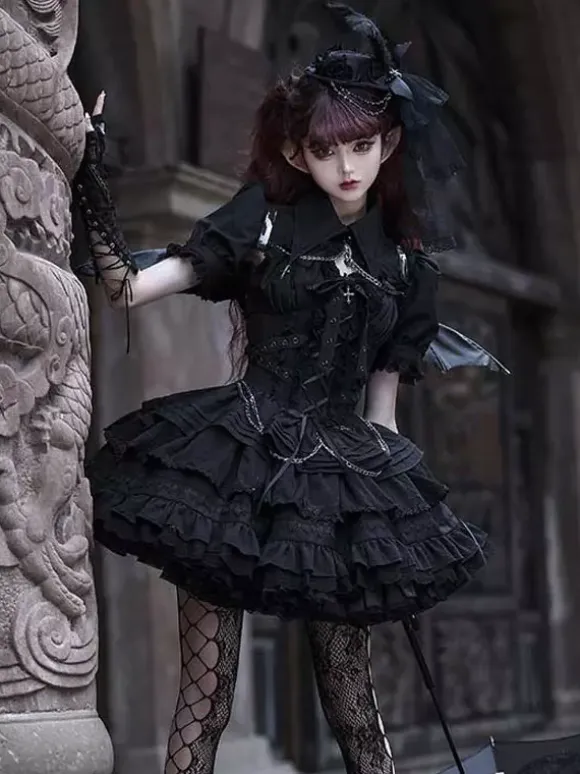 Gothic Lolita Suspender Dresses and Cover-Up tow-piece suit Lace Trim short sleeves Layered puffy short Dress