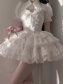 Gothic Lolita Suspender Dresses and Cover-Up tow-piece suit Lace Trim short sleeves Layered puffy short Dress