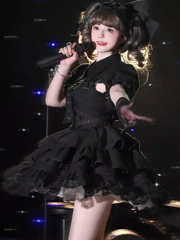 Gothic Lolita Suspender Dresses and Cover-Up tow-piece suit Lace Trim short sleeves Layered puffy short Dress