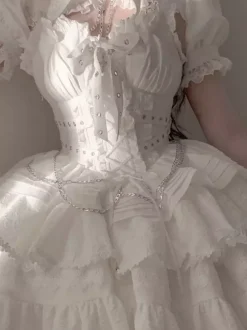 Gothic Lolita Suspender Dresses and Cover-Up tow-piece suit Lace Trim short sleeves Layered puffy short Dress