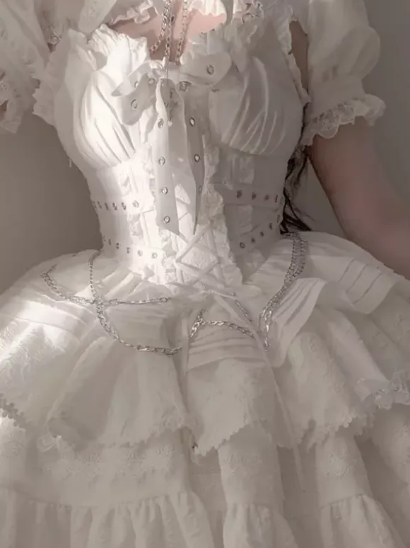 Gothic Lolita Suspender Dresses and Cover-Up tow-piece suit Lace Trim short sleeves Layered puffy short Dress