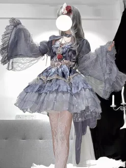 Gothic Lolita Two-Piece Set Strapless JSK And Grey Sheer Sleeved Cape