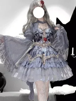 Gothic Lolita Two-Piece Set Strapless JSK And Grey Sheer Sleeved Cape