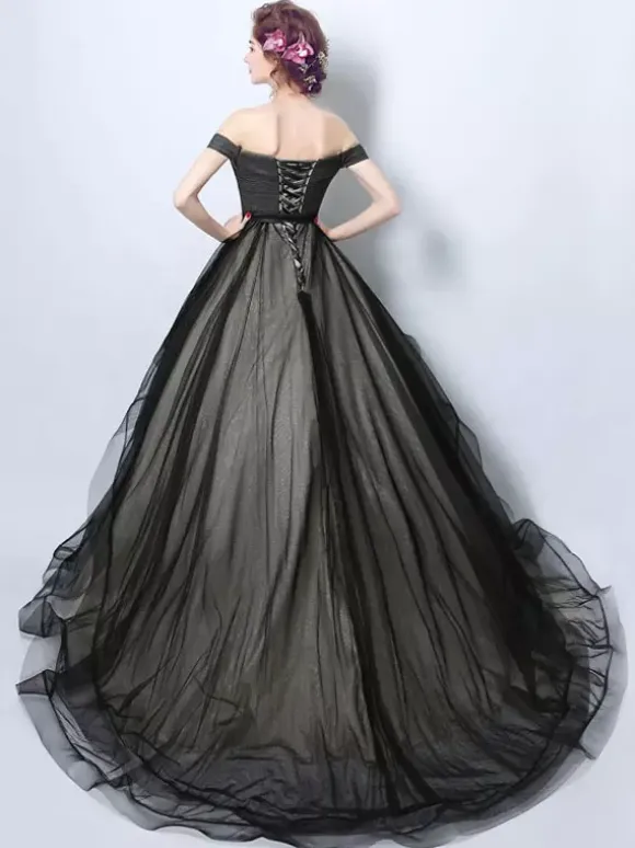 Gothic Loyal Wedding Dresses Princess Silhouette Sleeveless Pleated Tulle Court Train Bridal Gown