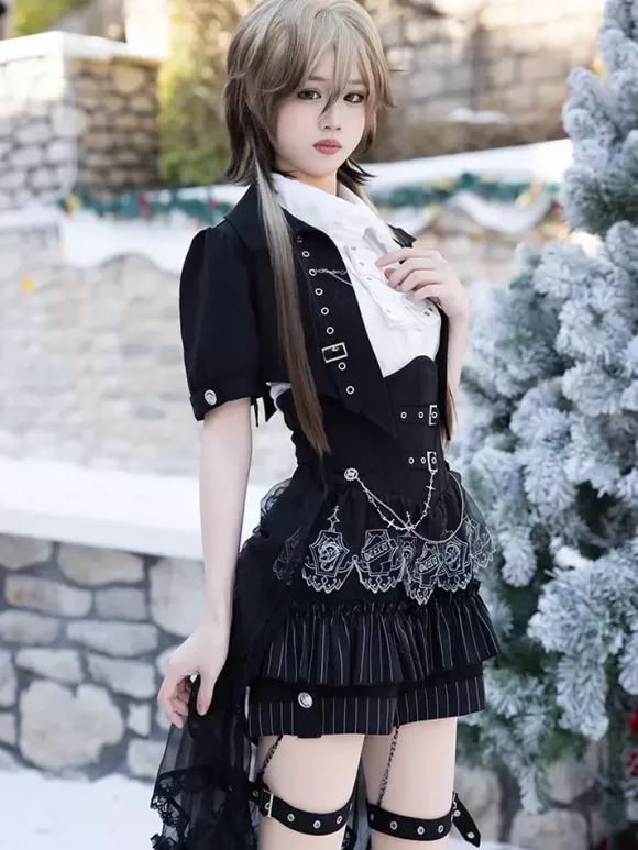 Gothic Ouji Lolita 3-Piece Set White Sleeveless Shirt And Tailored Jacket And Short Pants Victorian British Style Costume