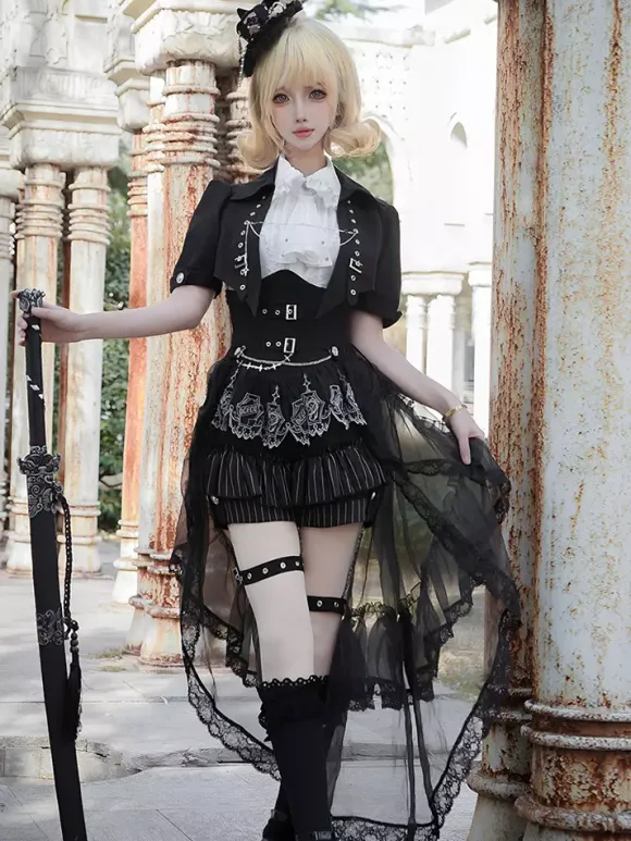 Gothic Ouji Lolita 3-Piece Set White Sleeveless Shirt And Tailored Jacket And Short Pants Victorian British Style Costume
