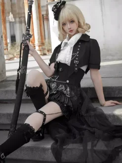 Gothic Ouji Lolita 3-Piece Set White Sleeveless Shirt And Tailored Jacket And Short Pants Victorian British Style Costume