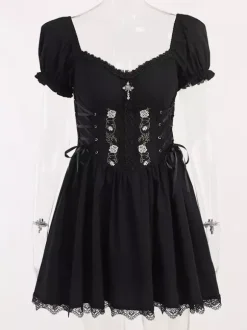 Gothic Punk Dress Off The Shoulder Short Sleeves Lace Trimed Lolita Short Dress