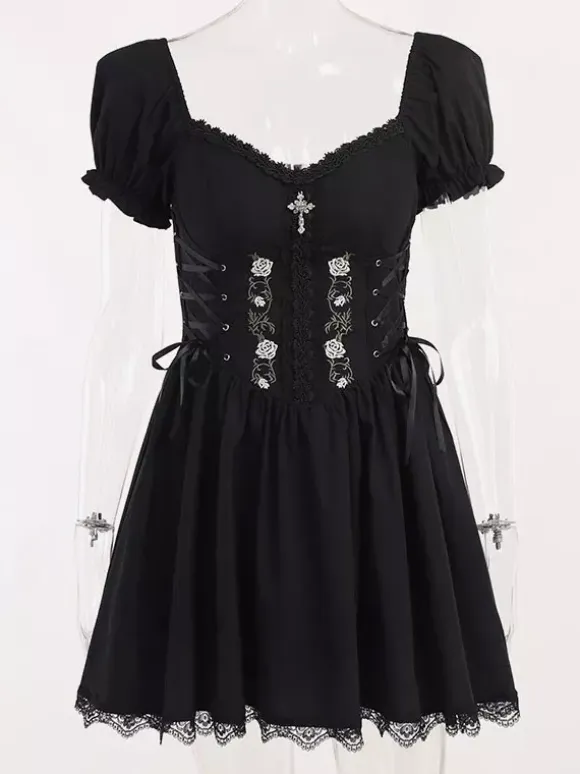 Gothic Punk Dress Off The Shoulder Short Sleeves Lace Trimed Lolita Short Dress