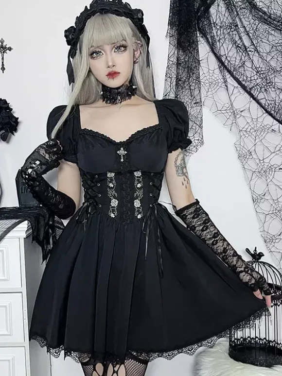 Gothic Punk Dress Off The Shoulder Short Sleeves Lace Trimed Lolita Short Dress